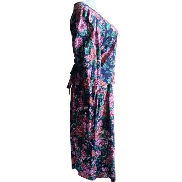 10P Vintage 80's Floral Midi Granny Cottage Dress With Lace Collar & Tied Waist - Picture 4 of 8